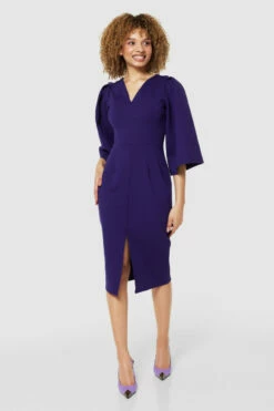 Closet London Purple V- Neck Midi Pencil Dress -Closet London Popular Shop JD9339 PURPLE 71490 91960.1675339244