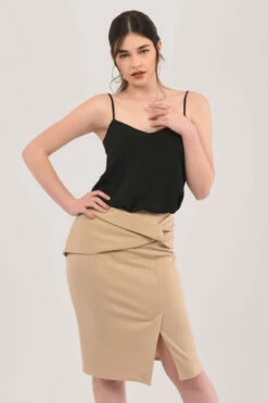 Closet London Beige Twist Pencil Skirt -Closet London Popular Shop JS6694 DSC 7218 54568.1608303281