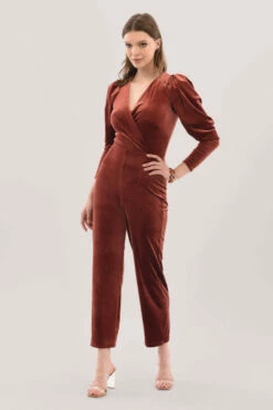 Closet London Rust Pleated Sleeve Velour Jumpsuit