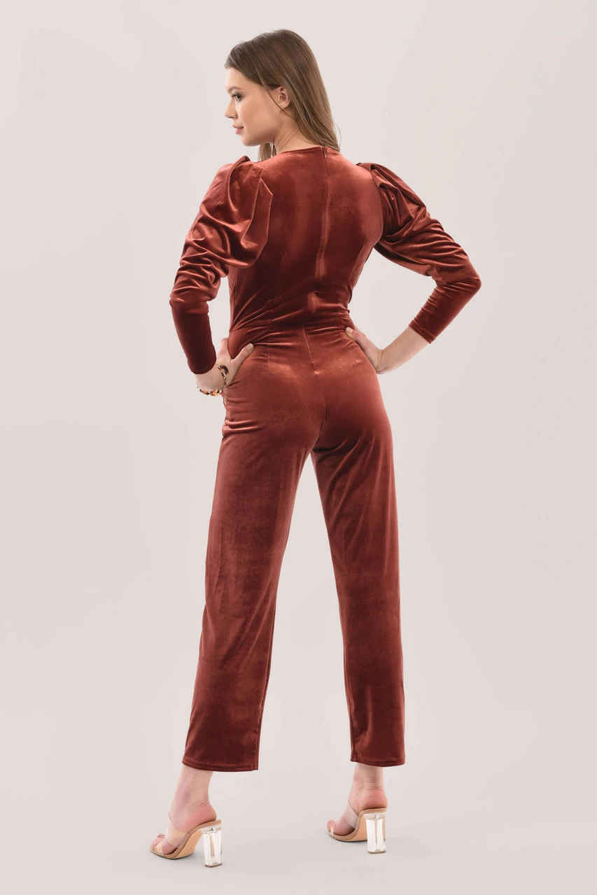 Closet London Rust Pleated Sleeve Velour Jumpsuit 6 Closet London Rust Pleated Sleeve Velour Jumpsuit - Image 4