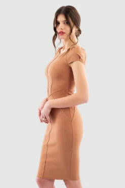 Closet London Camel Gathered Sleeve Panel Dress -Closet London Popular Shop Jd3723 Camel DSC 7076 73672.1649930350