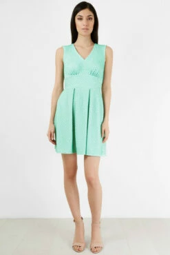 Closet London Green Polka Dot V Neck Full Pleat Dress
