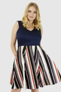 Closet Curves Navy V Neck Stripe Dress -Closet London Popular Shop PD1711B NAVY 3 80166.1606128011
