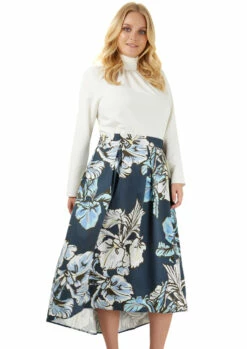 Closet Curves Multi Ivory Print Pleated Hi Low Skirt