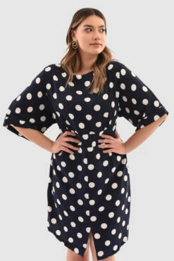 Closet London Curves Navy Polka Print Kimono Wiggle Dress -Closet London Popular Shop Pd3715 Navy DSC 4972 23269.1651056320