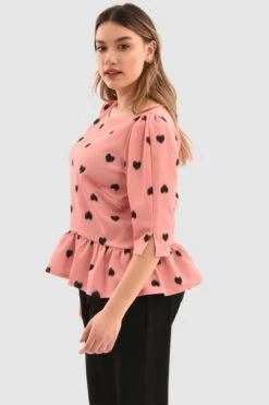 Closet London Curves Pink Heart Print Gathered Hem Top -Closet London Popular Shop Pjb6862 Pink DSC 6104 43974.1651057241