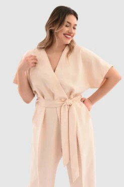 Closet London Curves Beige Wrap Front Jumpsuit -Closet London Popular Shop Pt6865 Beige DSC 5685 70243.1651054261