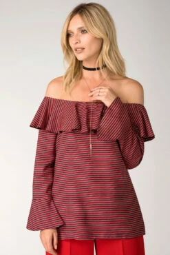 Closet London Black And Red Ruffle Neck Off-the Shoulder Blouse