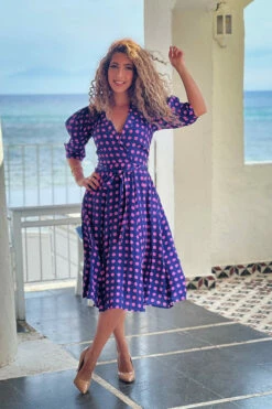 Closet London Navy Blue Polka Dot Print Collar & Revere Dress