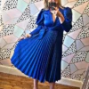 Closet London Blue Long Sleeve Pleated Wrap Midi Dress