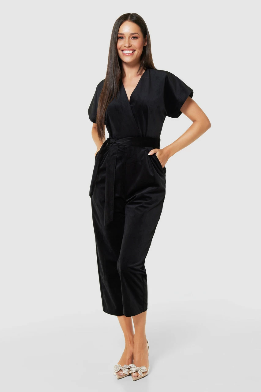 Closet London Black Velvet Wrap Over Tie Front Cropped Jumpsuit 3 Closet London Black Velvet Wrap Over Tie Front Cropped Jumpsuit