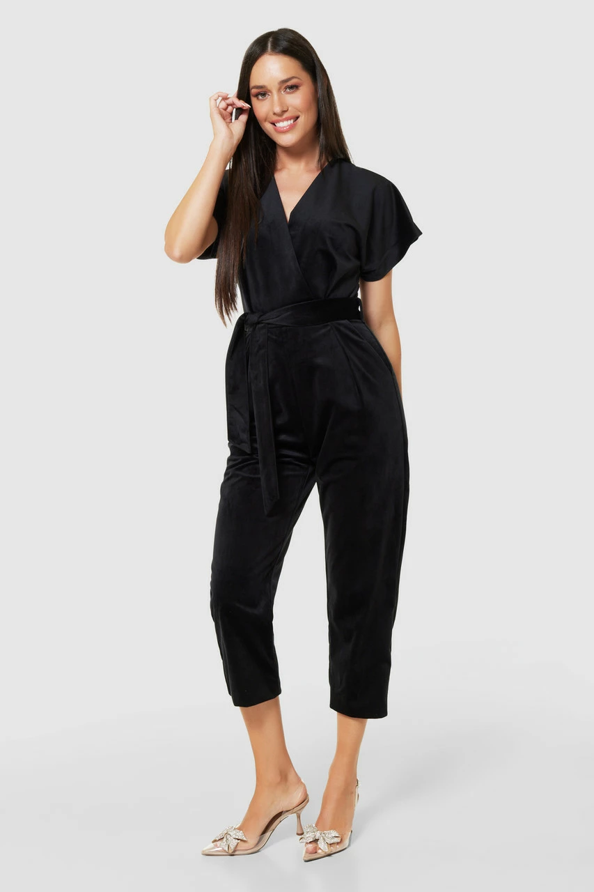 Closet London Black Velvet Wrap Over Tie Front Cropped Jumpsuit 4 Closet London Black Velvet Wrap Over Tie Front Cropped Jumpsuit - Image 2