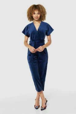 Closet London Navy Blue Velvet Wrap Over Tie Front Cropped Jumpsuit -Closet London Popular Shop T7656 NAVY 71575 71634.1675350711