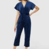 Closet London Navy Blue Velvet Wrap Over Tie Front Cropped Jumpsuit -Closet London Popular Shop T7656 NAVY 71577 48023.1675350728