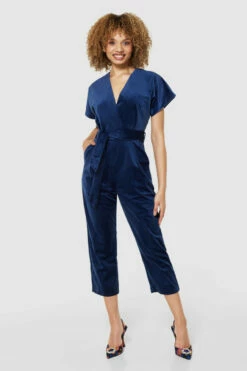 Closet London Navy Blue Velvet Wrap Over Tie Front Cropped Jumpsuit -Closet London Popular Shop T7656 NAVY 71580 95669.1675350717