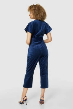 Closet London Navy Blue Velvet Wrap Over Tie Front Cropped Jumpsuit -Closet London Popular Shop T7656 NAVY 71609 90719.1675350719