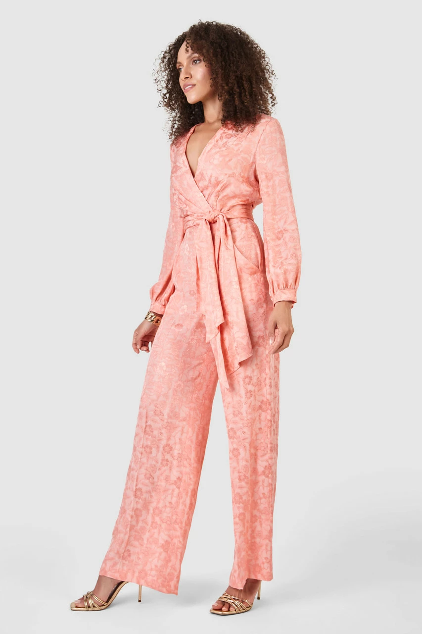 Closet London Peach Jacquard Floral Wrap Jumpsuit 4 Closet London Peach Jacquard Floral Wrap Jumpsuit - Image 2