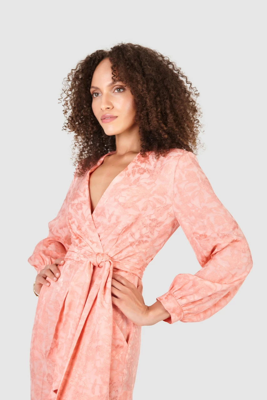 Closet London Peach Jacquard Floral Wrap Jumpsuit 5 Closet London Peach Jacquard Floral Wrap Jumpsuit - Image 3