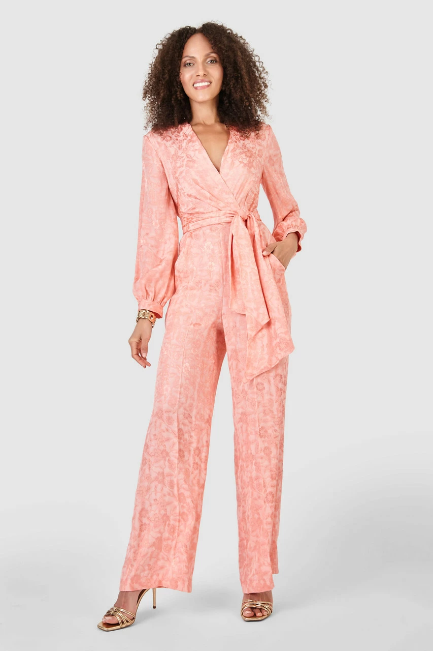 Closet London Peach Jacquard Floral Wrap Jumpsuit 3 Closet London Peach Jacquard Floral Wrap Jumpsuit