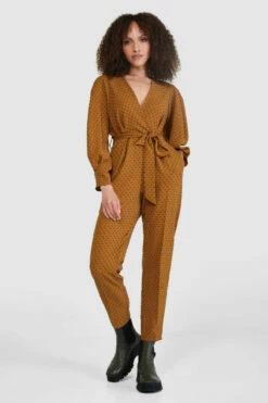 Closet London Bronze Brown Dobby Wrap Tie Waist Jumpsuit -Closet London Popular Shop T8607 5 45770.1658846807
