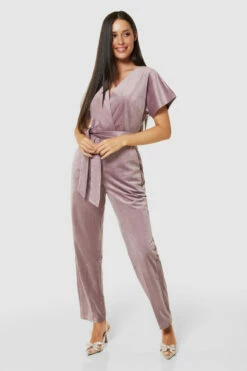 Closet London Blush Pink Velvet Wrap Straight Leg Jumpsuit -Closet London Popular Shop T8806 DUSTY PINK 71620 38656.1675351355