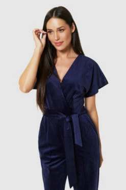 Closet London Navy Velvet Wrap Straight Leg Jumpsuit -Closet London Popular Shop T8806 NAVY 72000 02854.1675351491
