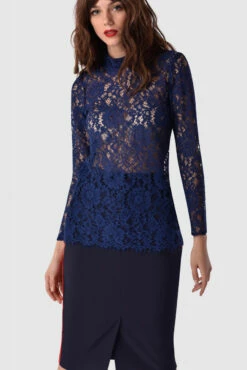 Closet London Navy Lace Fitted Blouse With Collar -Closet London Popular Shop b2730 2 1 81559.1568031797