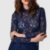 Closet London Navy Lace Fitted Blouse With Collar