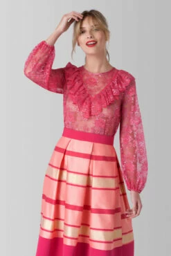 Closet London Pink Lace Long Sleeve High Collar Blouse