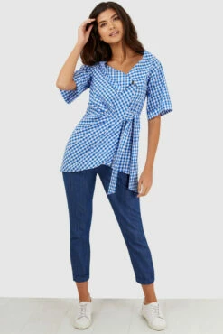 Closet London Blue And White Checked Wrap Blouse -Closet London Popular Shop b3009 blue and white check shirt 1 71215.1567606249