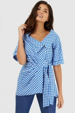Closet London Blue And White Checked Wrap Blouse -Closet London Popular Shop b3009 blue and white check shirt 2a 88582.1567606256