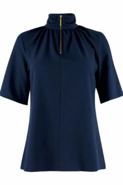 Closet London Navy Zipped High Neck Short Sleeve Blouse -Closet London Popular Shop b343 navy 6 23795.1567531848