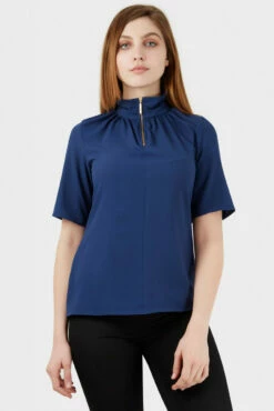 Closet London Navy Zipped High Neck Short Sleeve Blouse
