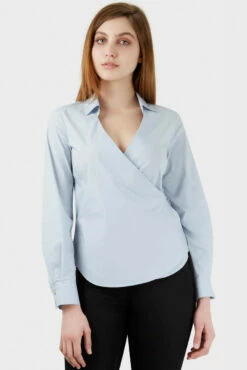 Closet London Blue Tie Wrap Over Long Sleeve Blouse