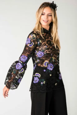 Closet London Multi Lace Gathered Sleeve High Neck Top -Closet London Popular Shop b3456 dsc 5449 2 09910.1566137564