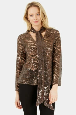 Closet London Brown Neck Tie Long Sleeve Sequin Blouse