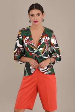 Closet LondonGreen Twisted Wrap Front Blouse With Palm Print