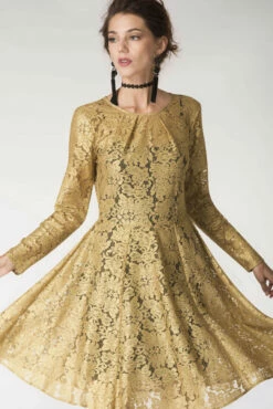 Closet London Gold Pleated Front Lace Skater Dress