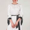 Closet London White Polka Dot Bow Cuffs Gathered Dress