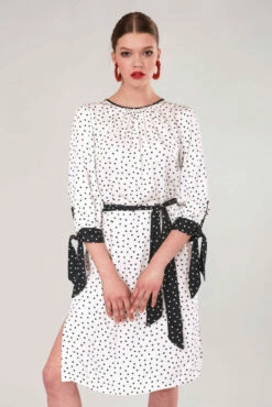 Closet London White Polka Dot Bow Cuffs Gathered Dress